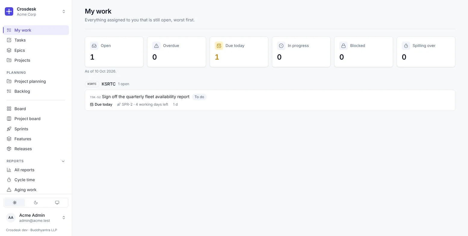 My work page listing the signed-in person's tasks and todos