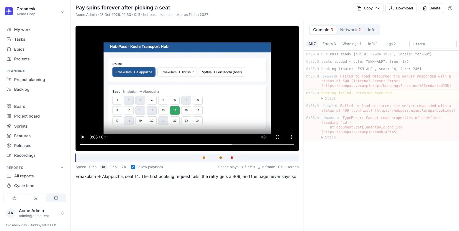 A recording: the video of a booking page on the left, and its console on the right with two failed requests and an uncaught error highlighted